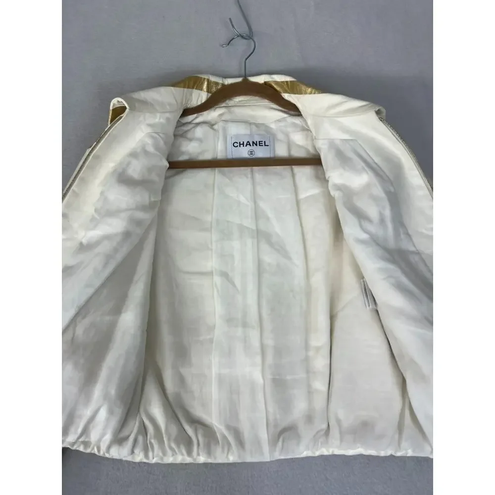Chanel Lambskin Leather Jacket Women's Size 36 Beige & Gold Stripe Detail Zip